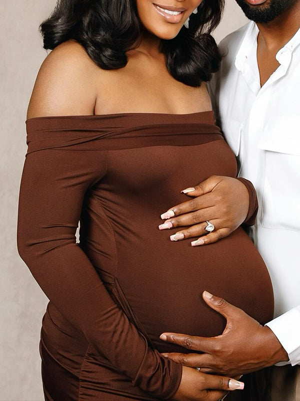 Momnfancy Solid Color Off Shoulder Ruched Backless Draped Bodycon Long Sleeve Mermaid Evening Gown Photoshoot Maternity Maxi Dress