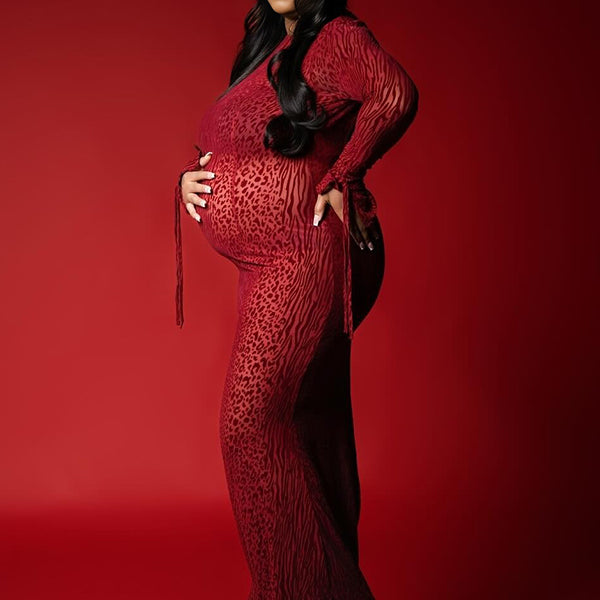 Momnfancy Backless Leopard Print Cut Out Bodycon Long Sleeve Mermaid Photoshoot Maternity Maxi Dress
