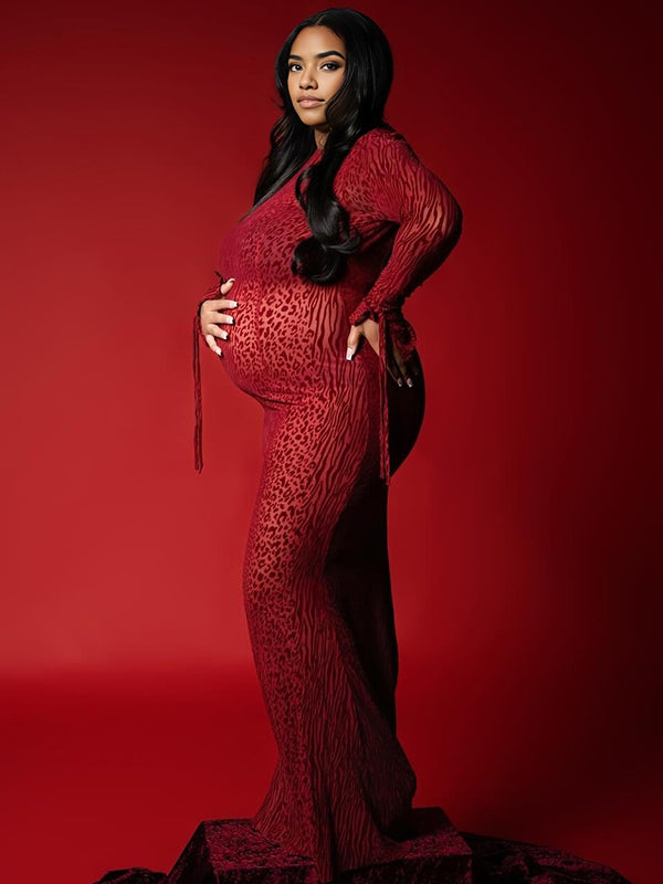 Momnfancy Backless Leopard Print Cut Out Bodycon Long Sleeve Mermaid Photoshoot Maternity Maxi Dress