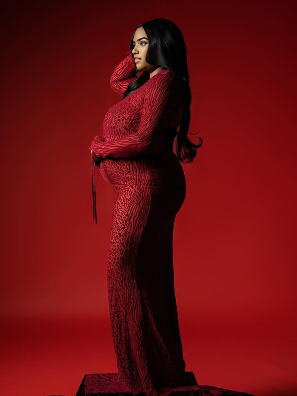 Momnfancy Backless Leopard Print Cut Out Bodycon Long Sleeve Mermaid Photoshoot Maternity Maxi Dress