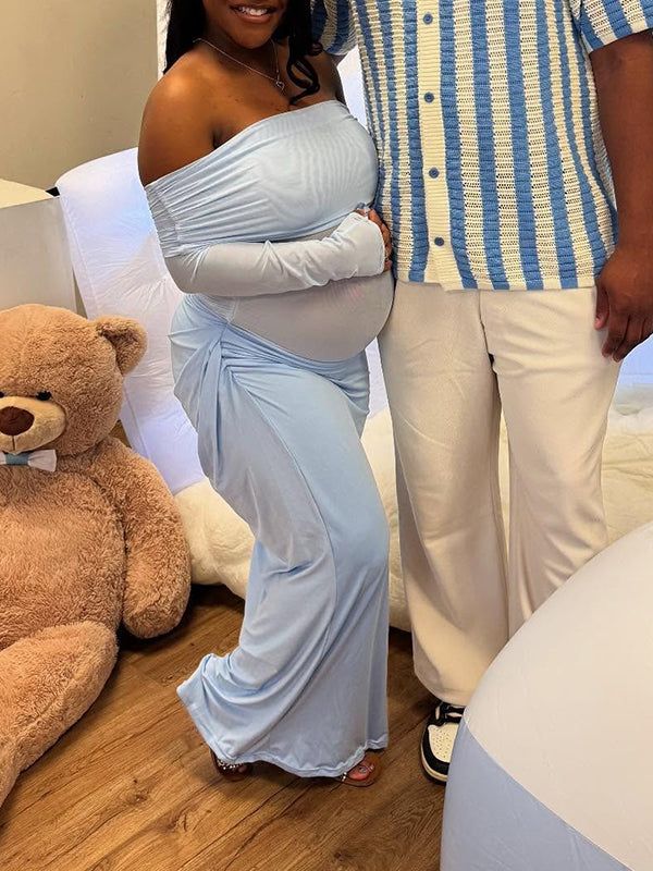 Momnfancy Off Shoulder Ruched Mesh Sheer Bodycon Long Sleeve Evening Gown Baby Shower Maternity Maxi Dress
