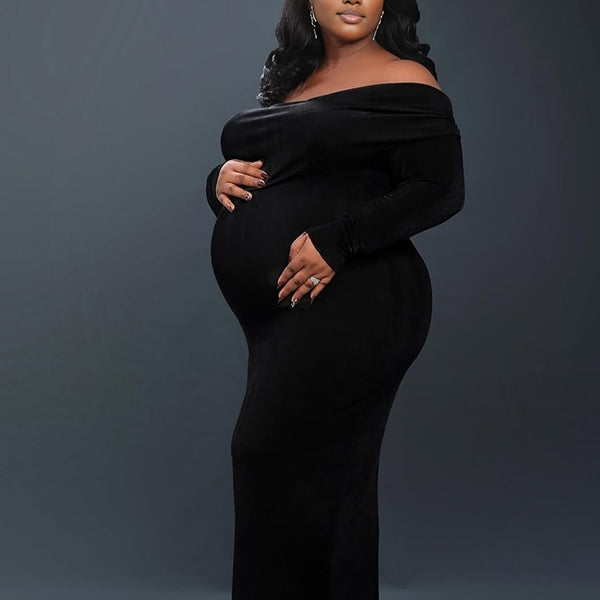 Momnfancy Black Off Shoulder Backless Cut Out Long Sleeve Bodycon Mermaid Photoshoot Maternity Maxi Dress