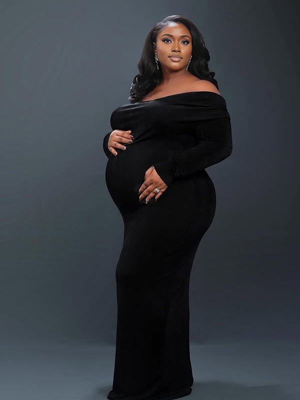 Momnfancy Black Off Shoulder Backless Cut Out Long Sleeve Bodycon Mermaid Photoshoot Maternity Maxi Dress