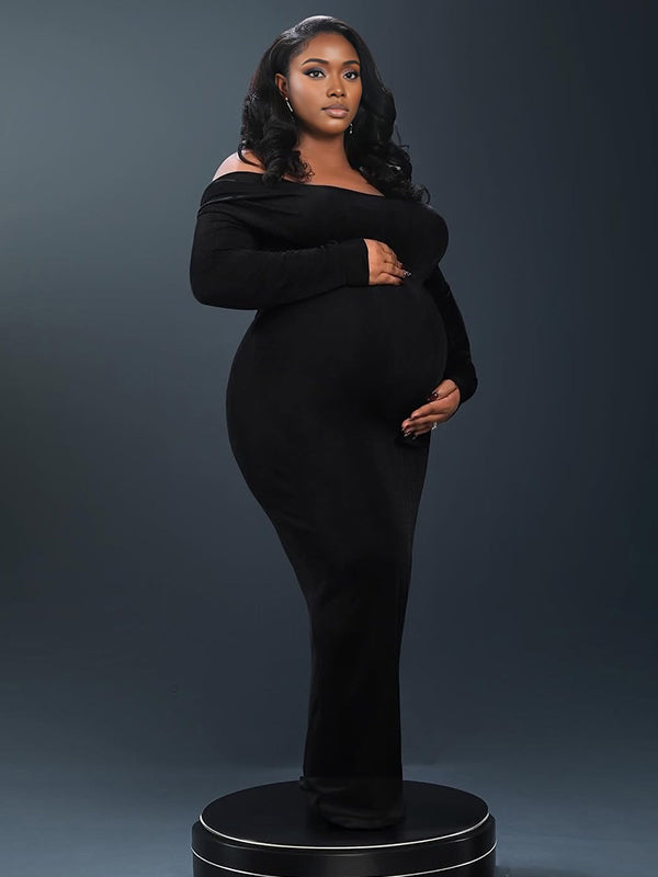 Momnfancy Black Off Shoulder Backless Cut Out Long Sleeve Bodycon Mermaid Photoshoot Maternity Maxi Dress