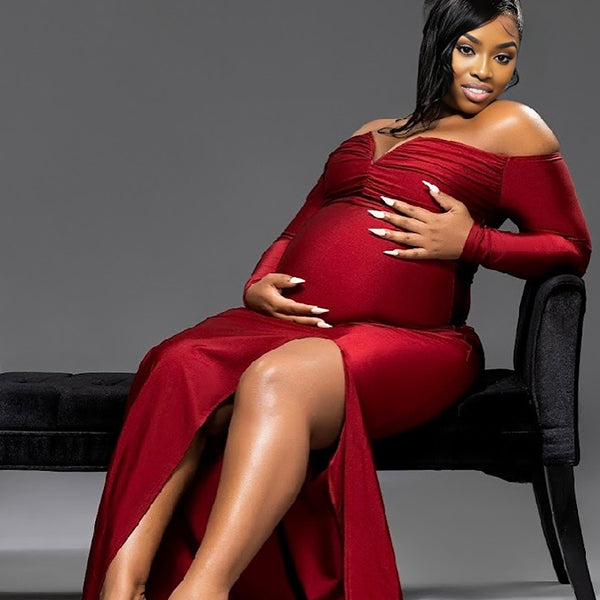 Momnfancy Red Off Shoulder Ruched Side Slit Plus Size Evening Gown Long Sleeve Bodycon Mermaid Photoshoot Maternity Maxi Dress