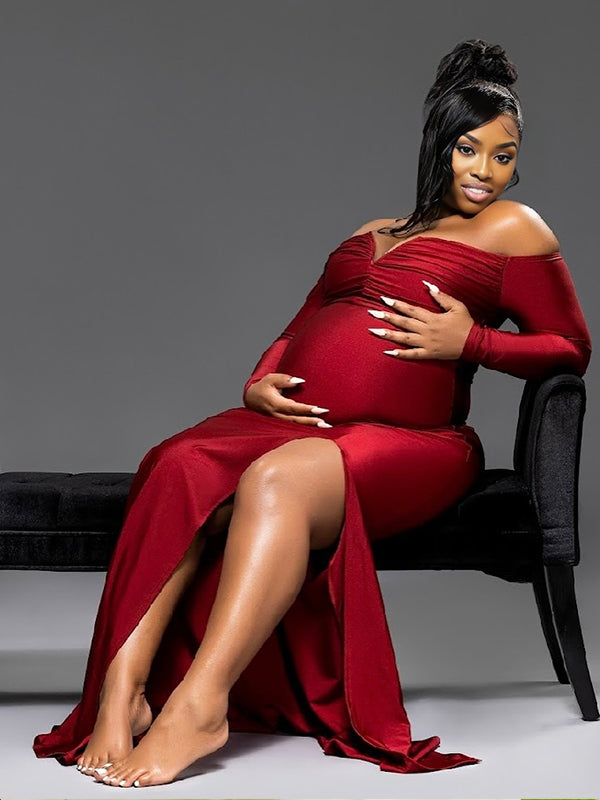 Momnfancy Red Off Shoulder Ruched Side Slit Plus Size Evening Gown Long Sleeve Bodycon Mermaid Photoshoot Maternity Maxi Dress