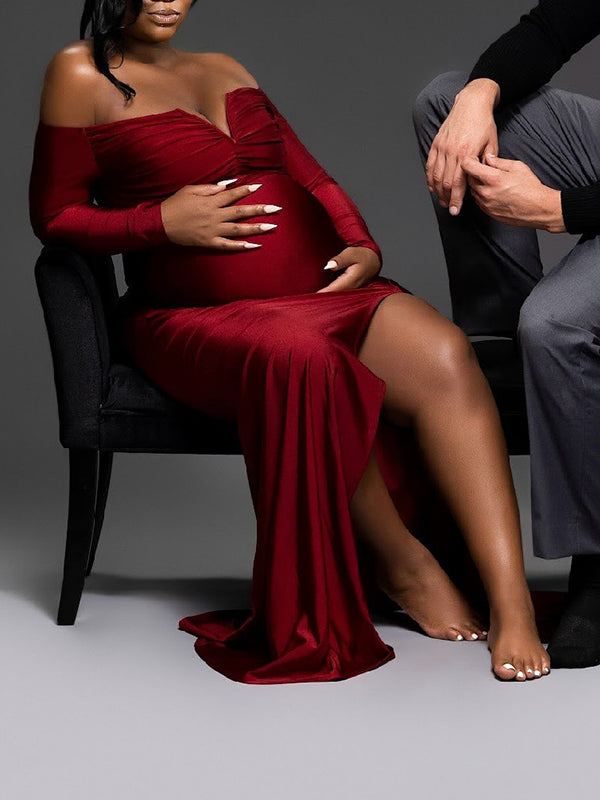 Momnfancy Red Off Shoulder Ruched Side Slit Plus Size Evening Gown Long Sleeve Bodycon Mermaid Photoshoot Maternity Maxi Dress
