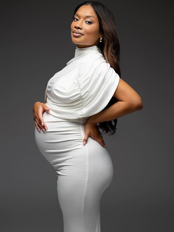 Momnfancy White Ruched Irregular 2-in-1 Bodycon Photoshoot Maternity Midi Dress