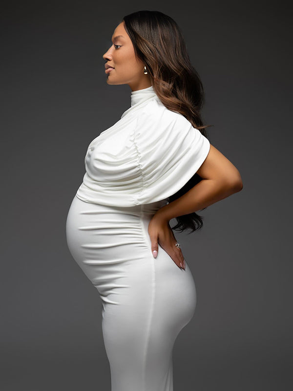 Momnfancy White Ruched Irregular 2-in-1 Bodycon Photoshoot Maternity Midi Dress