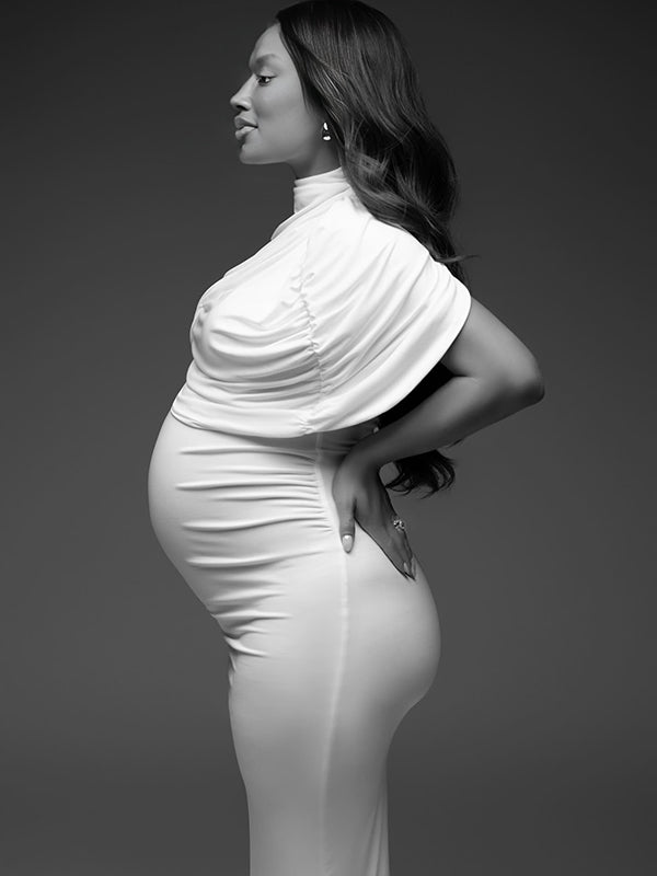 Momnfancy White Ruched Irregular 2-in-1 Bodycon Photoshoot Maternity Midi Dress