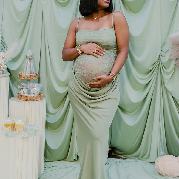 Momnfancy Green Spaghetti Strap Backless Lace Sheer Bodycon Party Mermaid Baby Shower Maternity Maxi Dress