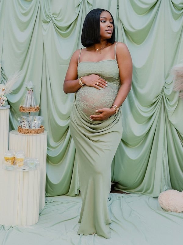 Momnfancy Green Spaghetti Strap Backless Lace Sheer Bodycon Party Mermaid Baby Shower Maternity Maxi Dress