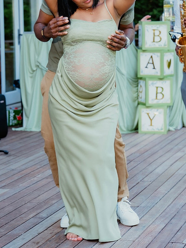 Momnfancy Green Spaghetti Strap Backless Lace Sheer Bodycon Party Mermaid Baby Shower Maternity Maxi Dress