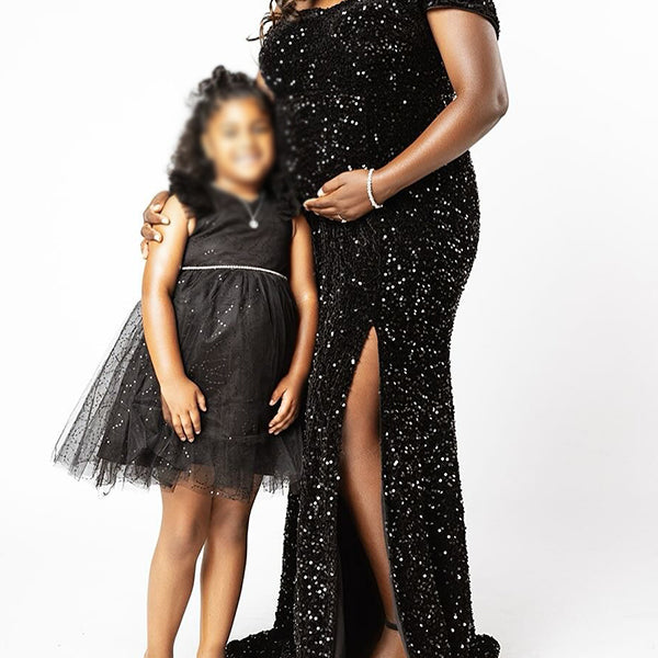Momnfancy Black Sequin Off Shoulder Backless Side Slit Evening Gown Mermaid Photoshoot Maternity Maxi Dress