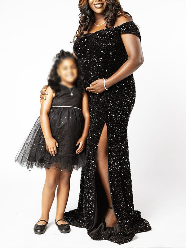 Momnfancy Black Sequin Off Shoulder Backless Side Slit Evening Gown Mermaid Photoshoot Maternity Maxi Dress