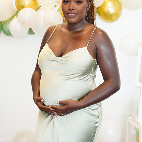 Momnfancy Sage Green Satin Spaghetti Strap Backless Ruched Mermaid Bodycon Prom Evening Party Baby Shower Maternity Maxi Dress