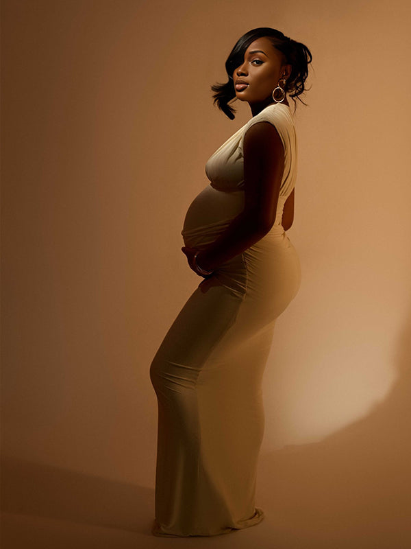 Momnfancy White Ruched V-Neck High Waist Sleeveless Bodycon Photoshoot Maternity Maxi Dress