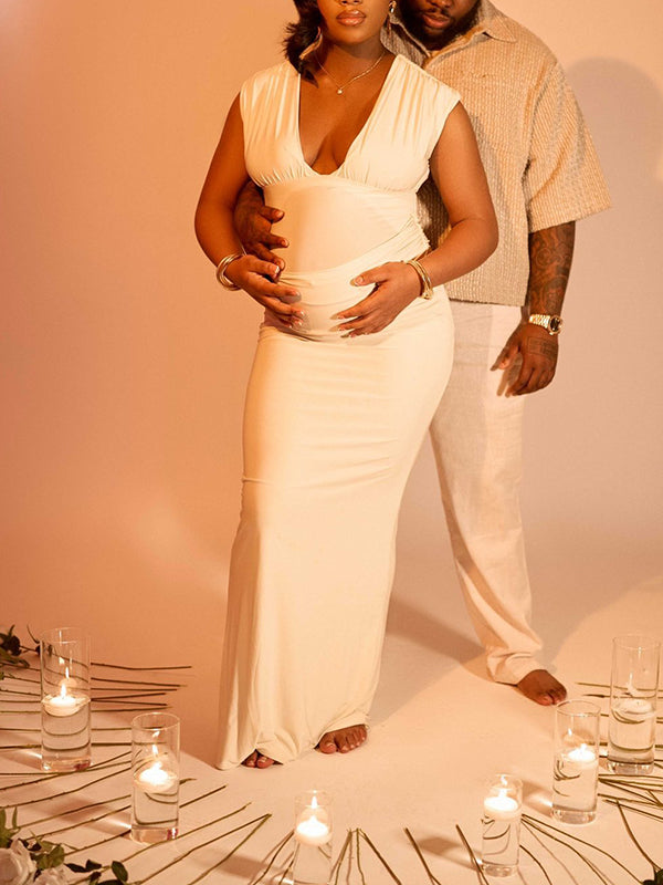 Momnfancy White Ruched V-Neck High Waist Sleeveless Bodycon Photoshoot Maternity Maxi Dress