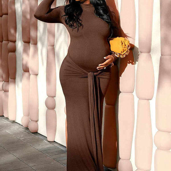 Momnfancy Brown Ruched Draped Lace-up Bodycon Casual Long Sleeve Baby Shower Maternity Maxi Dress