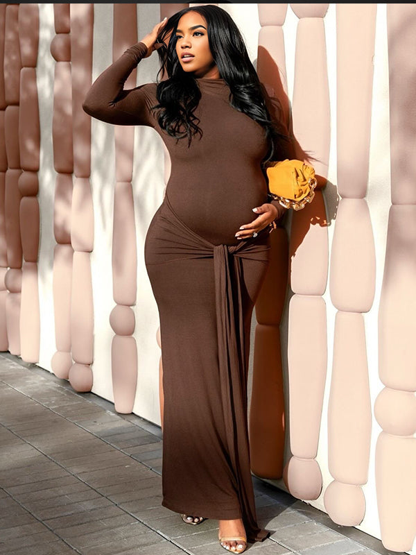 Momnfancy Brown Ruched Draped Lace-up Bodycon Casual Long Sleeve Baby Shower Maternity Maxi Dress