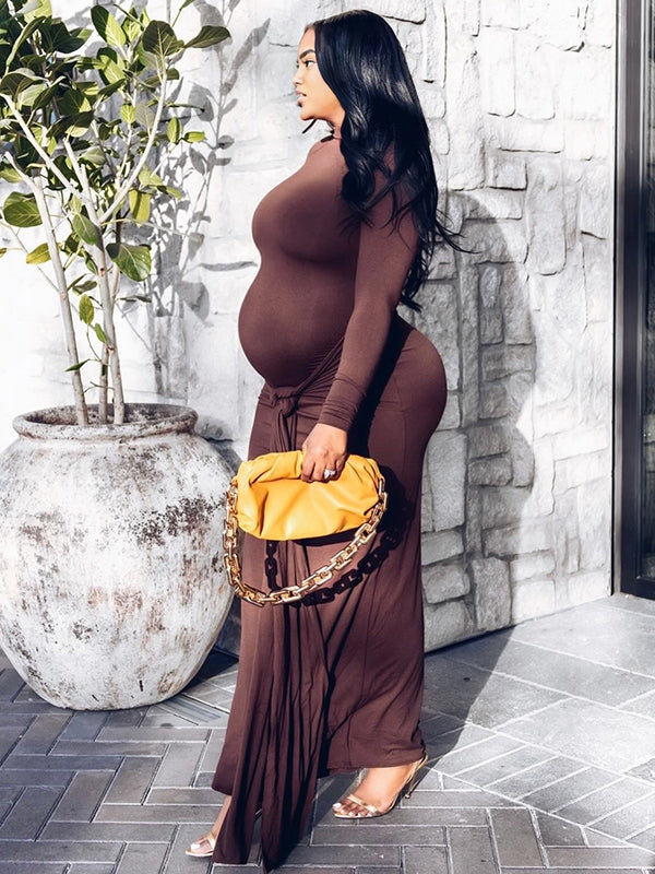Momnfancy Brown Ruched Draped Lace-up Bodycon Casual Long Sleeve Baby Shower Maternity Maxi Dress