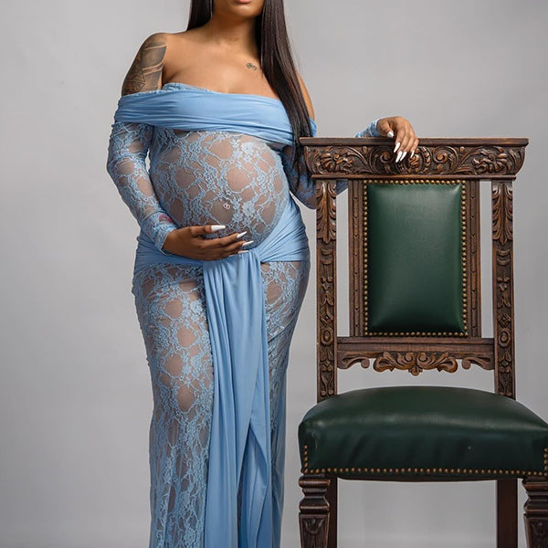 Momnfancy Light Blue Lace Off Shoulder Ruched Draped Lace-up Sheer Long Sleeve Bodycon Prom Evening Party Photoshoot Maternity Maxi Dress