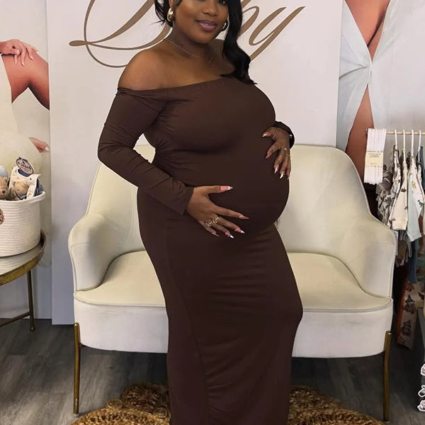 Momnfancy Brown Off Shoulder Backless Long Sleeve Bodycon Baby Shower Maternity Maxi Dress
