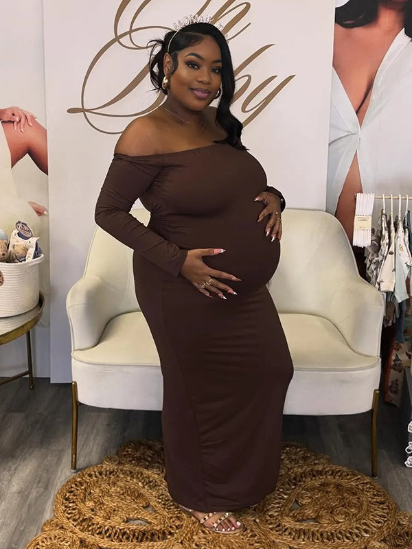 Momnfancy Brown Off Shoulder Backless Long Sleeve Bodycon Baby Shower Maternity Maxi Dress