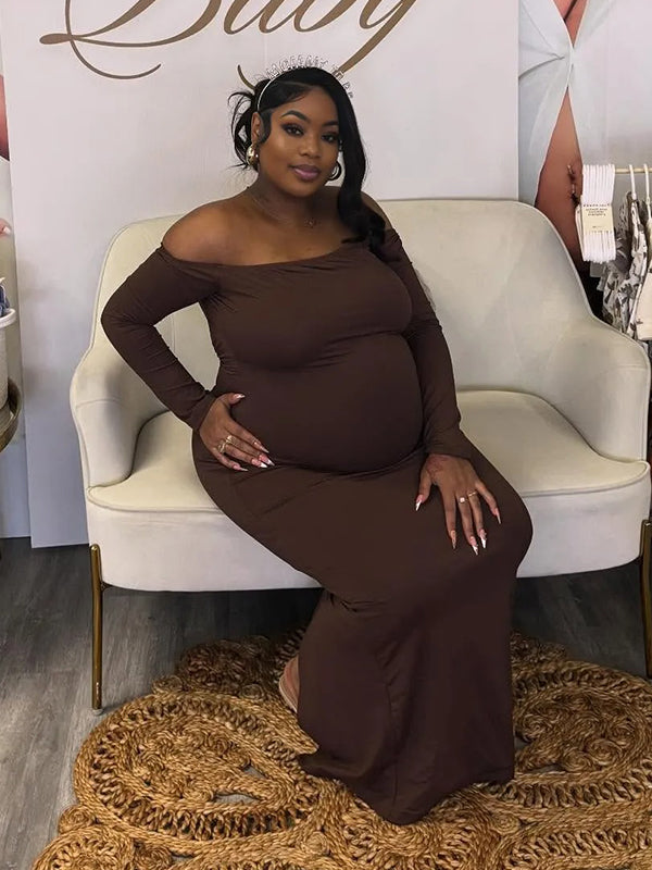 Momnfancy Brown Off Shoulder Backless Long Sleeve Bodycon Baby Shower Maternity Maxi Dress