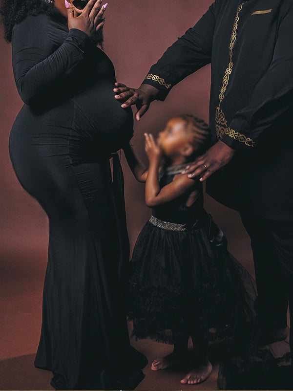 Momnfancy Black Cross Front Lace-up Ruched Draped Long Sleeve Bodycon Mermaid Prom Evening Party Photoshoot Maternity Maxi Dress