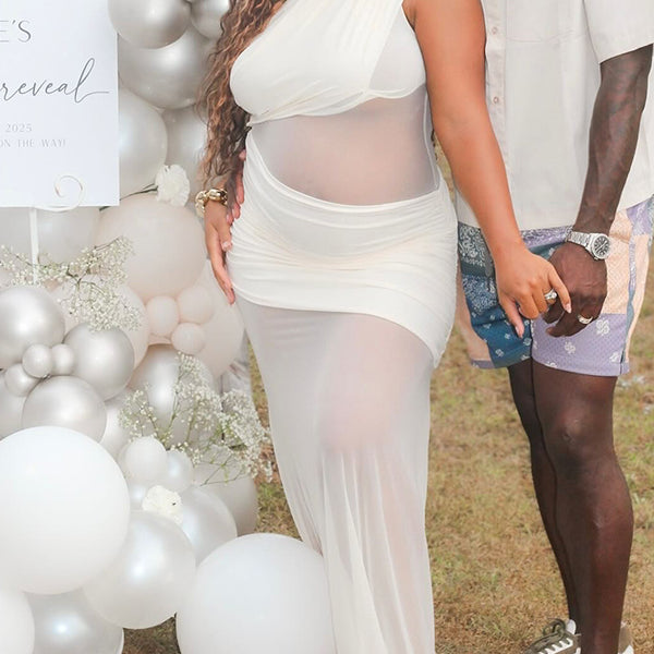 Momnfancy White One Shoulder Mesh Irregular Ruched Backless Prom Evening Party Baby Shower Maternity Maxi Dress
