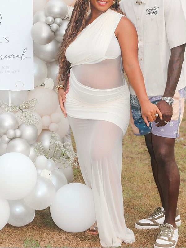 Momnfancy White One Shoulder Mesh Irregular Ruched Backless Prom Evening Party Baby Shower Maternity Maxi Dress