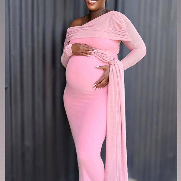Momnfancy Oblique Shoulder Ruched Ribbon Bodycon Evening Gowns Maternity Maxi Dress