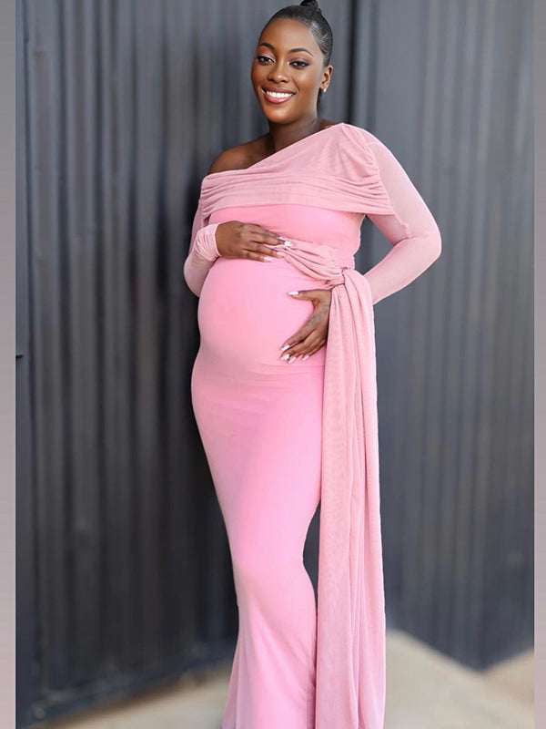 Momnfancy Oblique Shoulder Ruched Ribbon Bodycon Evening Gowns Maternity Maxi Dress
