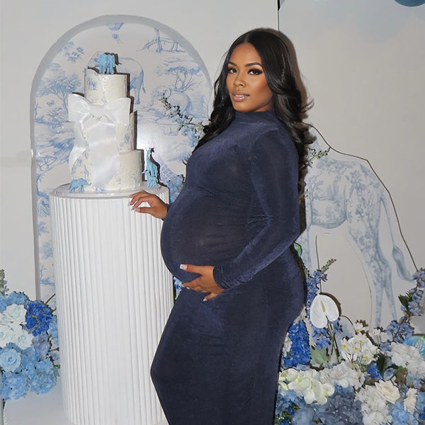 Momnfancy Flexible Bodycon High Neck Solid Color Baby Shower Maternity Maxi Dress