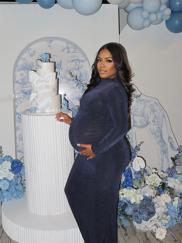 Momnfancy Flexible Bodycon High Neck Solid Color Baby Shower Maternity Maxi Dress
