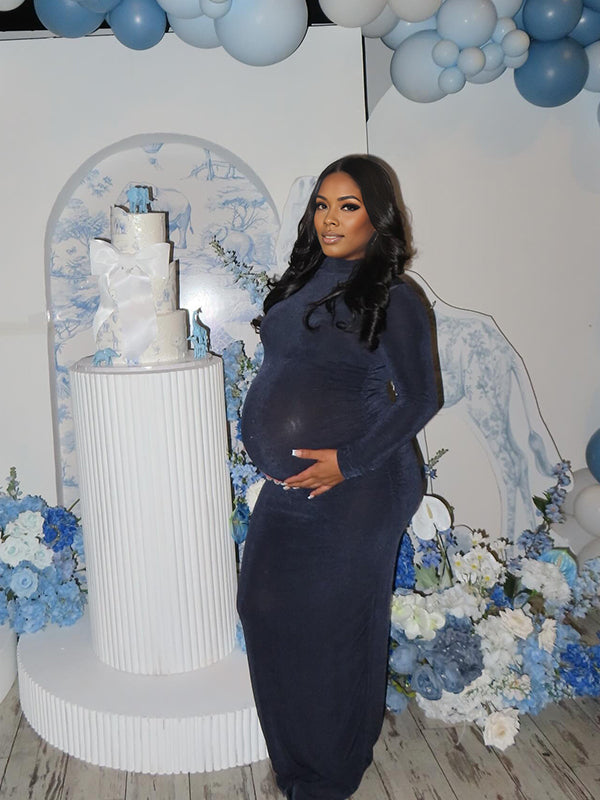 Momnfancy Flexible Bodycon High Neck Solid Color Baby Shower Maternity Maxi Dress