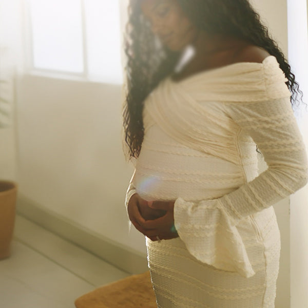 Momnfancy Boat Neck Flare Sleeve Bodycon Mermaid Photoshoot Maternity Maxi Dress