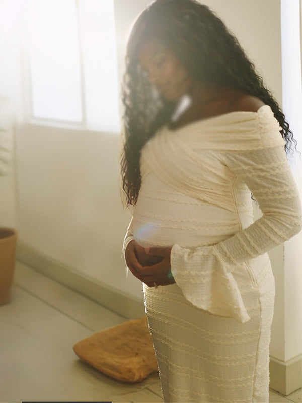 Momnfancy Boat Neck Flare Sleeve Bodycon Mermaid Photoshoot Maternity Maxi Dress