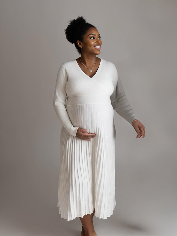 Momnfancy A-Line Knitted Backless Cut-out Ruched Photoshoot Maternity Maxi Dress
