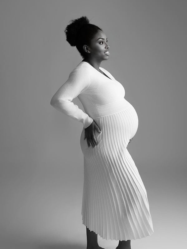 Momnfancy A-Line Knitted Backless Cut-out Ruched Photoshoot Maternity Maxi Dress