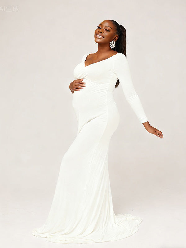 Momnfancy Boat Neck Off-shoulder Trailing Mermaid Evening Gowns Photoshoot Maternity Maxi Dress