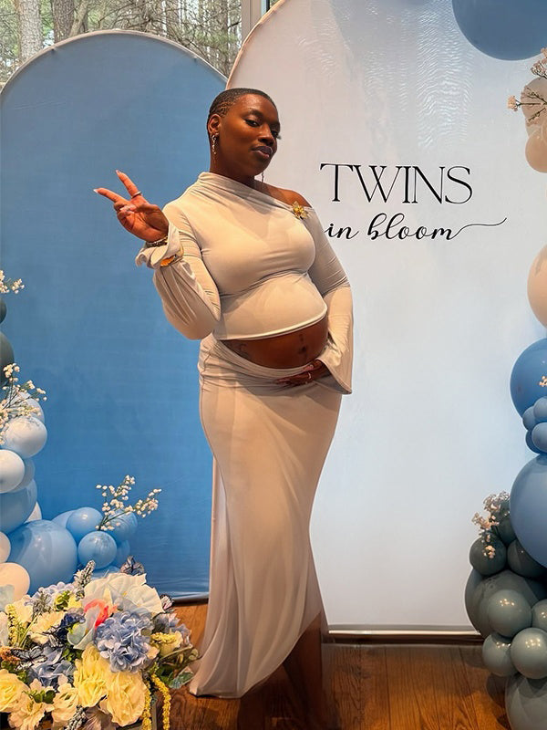 Momnfancy 2-in-1 Mermaid Oblique Shoulder Trailing Baby Shower Maternity Maxi Dress