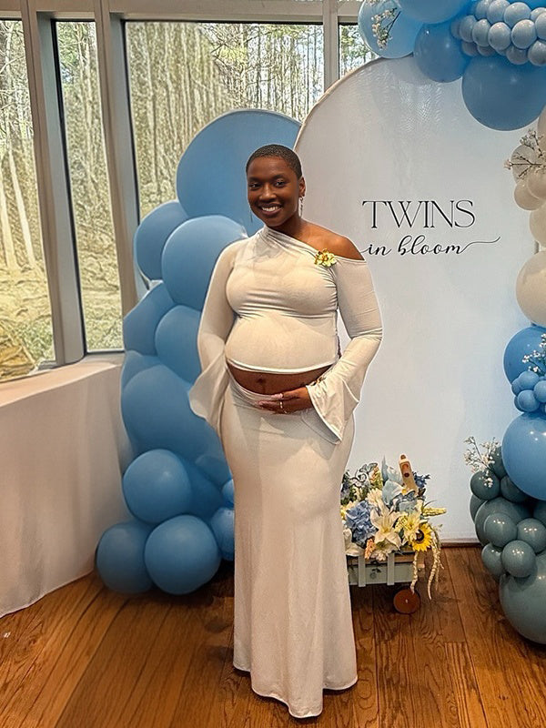 Momnfancy 2-in-1 Mermaid Oblique Shoulder Trailing Baby Shower Maternity Maxi Dress