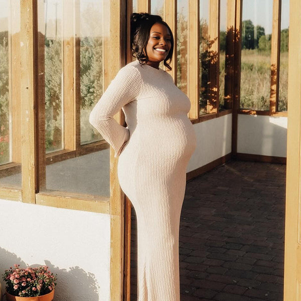 Momnfancy Knitted Bodycon Mermaid Flare Sleeve Casual Christmas Maternity Midi Dress