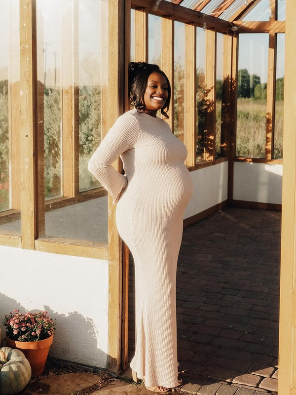 Momnfancy Knitted Bodycon Mermaid Flare Sleeve Casual Christmas Maternity Midi Dress