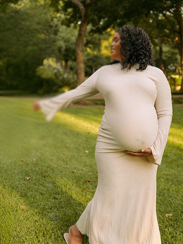 Momnfancy Knitted Bodycon Mermaid Flare Sleeve Casual Christmas Maternity Midi Dress