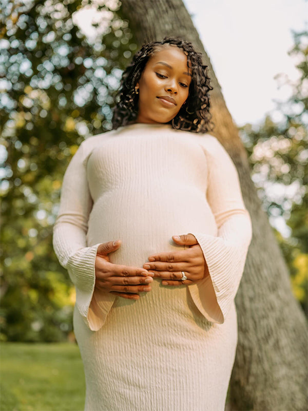 Momnfancy Knitted Bodycon Mermaid Flare Sleeve Casual Christmas Maternity Midi Dress