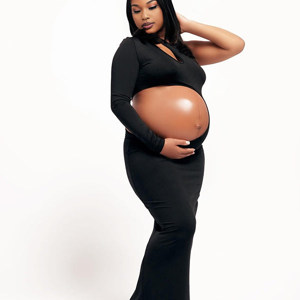 Momnfancy Irregular Sleeve Oblique Shoulder Cut-out Photoshoot Maternity Maxi Dress