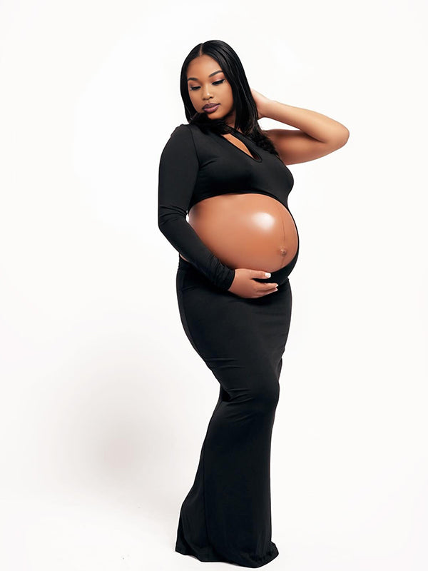 Momnfancy Irregular Sleeve Oblique Shoulder Cut-out Photoshoot Maternity Maxi Dress